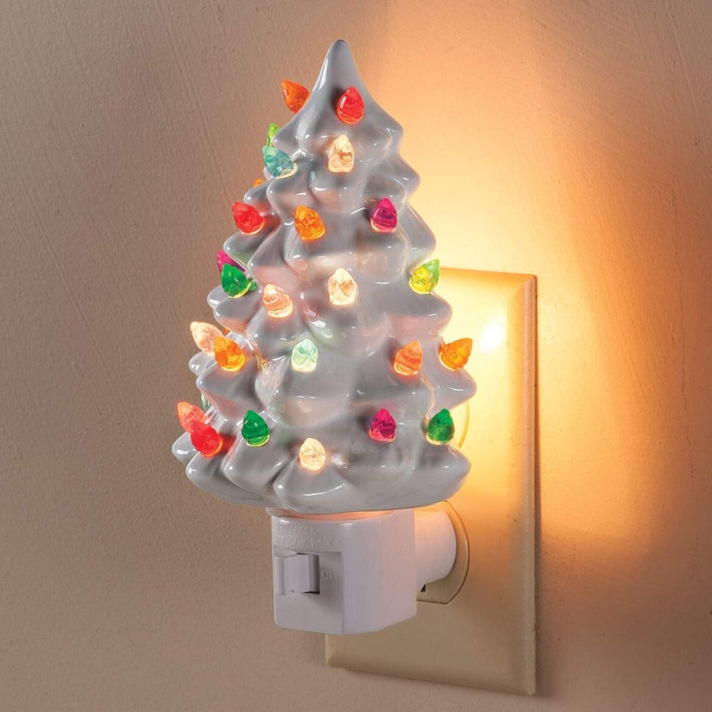 Fox Valley Traders Ceramic Christmas Tree Night Lights â€“ Set of 2 Holiday Plug-in Nightlights with Multicolor Bulbs â€“ Vintage Green & White Snow-Capped Trees â€“ Giftable Holiday DÃ©cor - Image 3